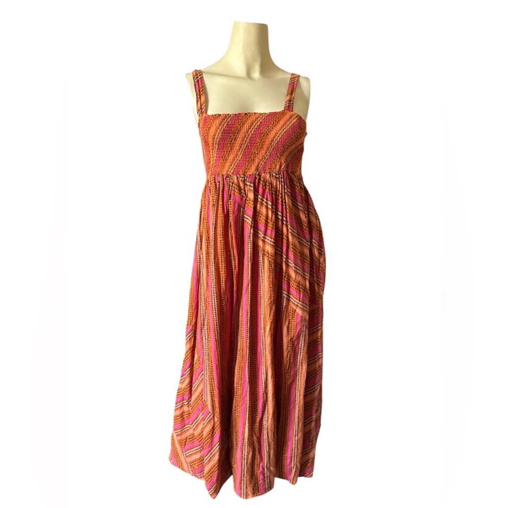 DKNY Midi Dress Stripe Smocked multicolor pocket, women 6 balloon/ bubble hem